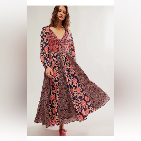 Free People A New Way Maxi Dress Navy Combo Medium - Picture 2 of 9